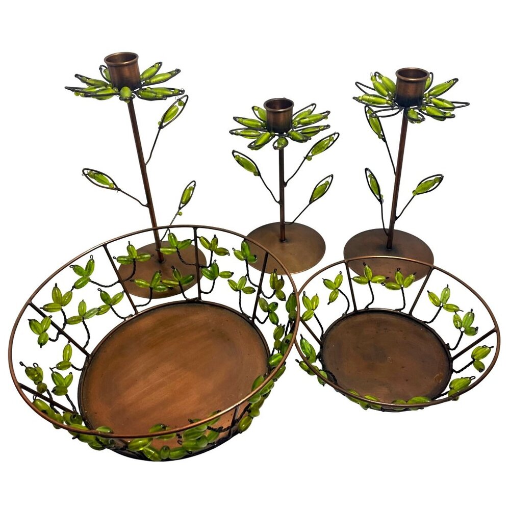Decorative Shastra Copper & Green Beaded Candle Holder & Bowl Set Made in India